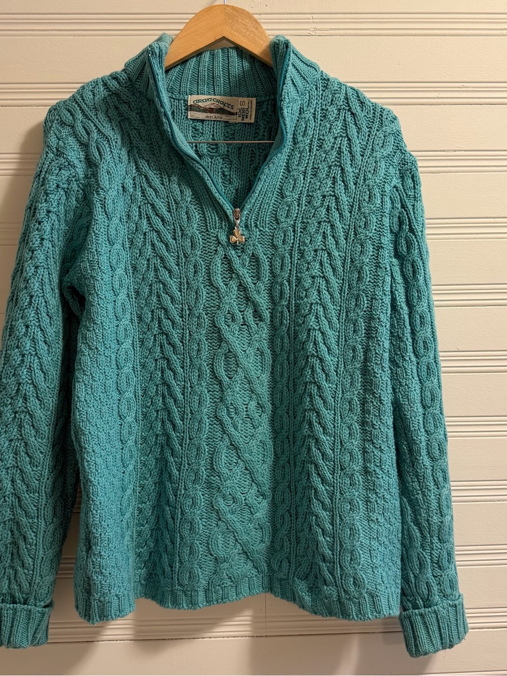 Aran Crafts Merino Wool Cable Knit Quarter Zip Teal Small Made in Ireland